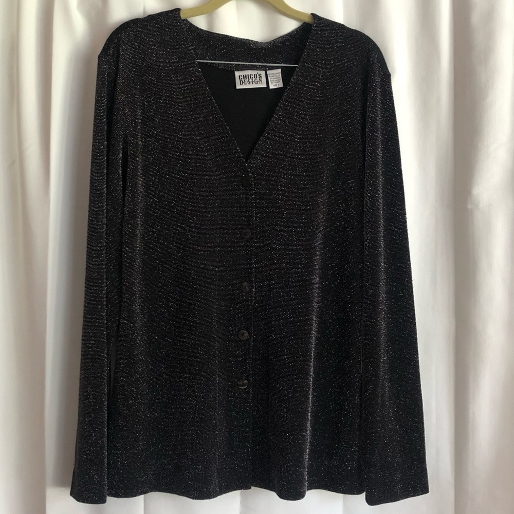 Chicos Design Sparkly button front v-neck black cardigan sweater size 2 M 12